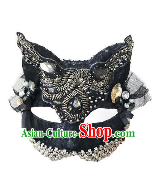 Top Grade Asian Headpiece Headdress Ornamental Cat Crystal Mask, Brazilian Carnival Halloween Occasions Handmade Miami Black Mask for Women