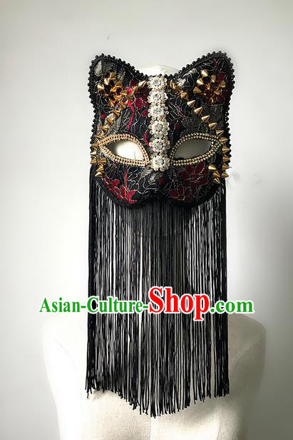 Top Grade Asian Headpiece Headdress Ornamental Cat Mask, Brazilian Carnival Halloween Occasions Handmade Miami Vintage Rivet Tassel Mask for Women