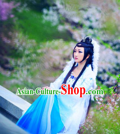 Traditional Ancient Chinese Young Lady Blue Dance Costume, Chinese Tang Dynasty  Fairy Dress Hanfu Embroidered Clothing for Women