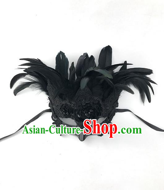Top Grade Asian Headpiece Headdress Ornamental Black Feather Mask, Brazilian Carnival Halloween Occasions Handmade Miami Cosplay Mask for Men