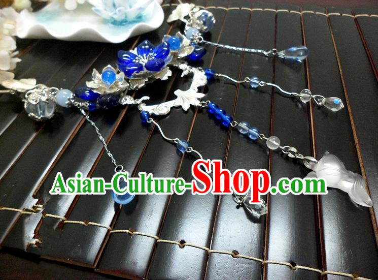 Top Grade Handmade Traditional China Handmade Jewelry Accessories Blue Crystal Necklace, Ancient Chinese Princess Conophytum Pucillum Tassel Collar for Women