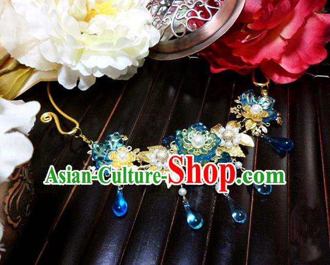 Top Grade Handmade Traditional China Handmade Jewelry Accessories Blue Crystal Necklace, Ancient Chinese Princess Conophytum Pucillum Tassel Pearl Collar for Women