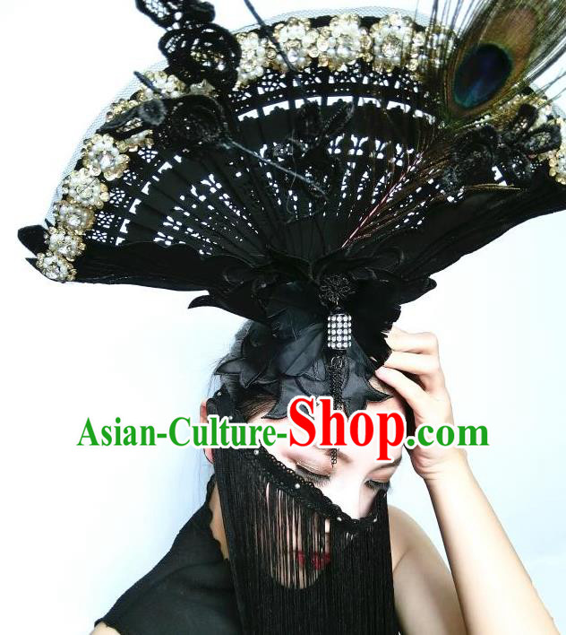 Top Grade Asian Headpiece Headdress Ornamental Cosplay Fan Hair Accessories, Brazilian Carnival Halloween Occasions Handmade Miami Vintage Lace Headwear for Women