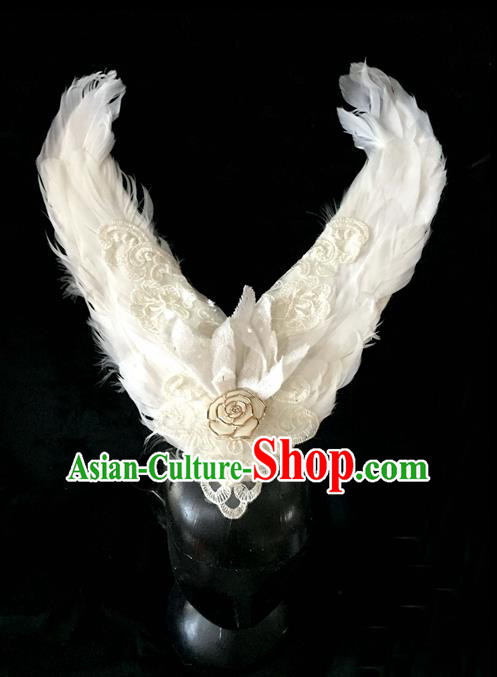 Top Grade Miami Feathers Deluxe Lace Hair Accessories, Halloween White Feather Headdress Brazilian Carnival Occasions Handmade Headwear for Women