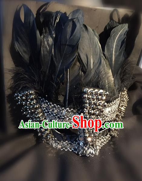 Top Grade Miami Deluxe Black Feather Mask, Halloween Feather Headdress Brazilian Carnival Occasions Handmade Crystal Face Mask for Men