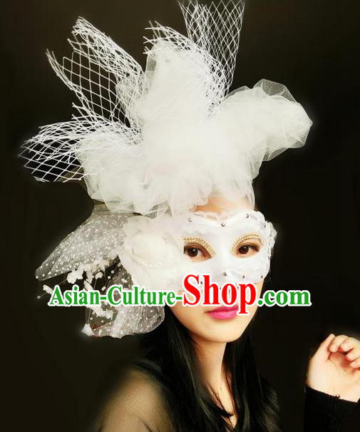 Top Grade Miami Deluxe White Lace Veil Mask, Halloween Feather Headdress Brazilian Carnival Occasions Handmade Face Mask for Women