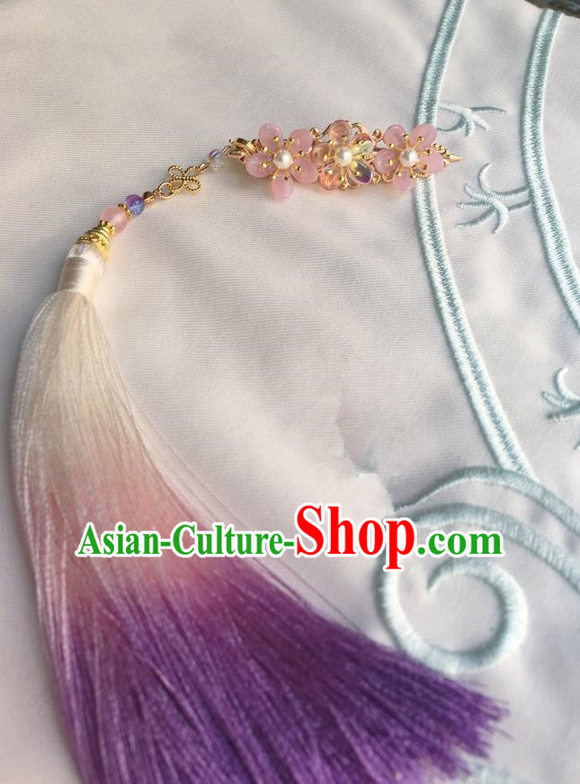 Asian Chinese Traditional Headdress Purple Tassel Hairpins, China Ancient Handmade Bride Flowers Hanfu Step Shake Hair Stick Headwear for Women