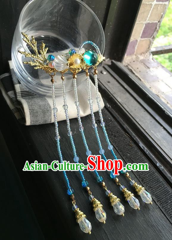 Asian Chinese Traditional Headdress Blue Beads Tassel Hair Accessories Hairpins, China Ancient Handmade Bride Hanfu Step Shake Flowers Hair Stick Headwear for Women