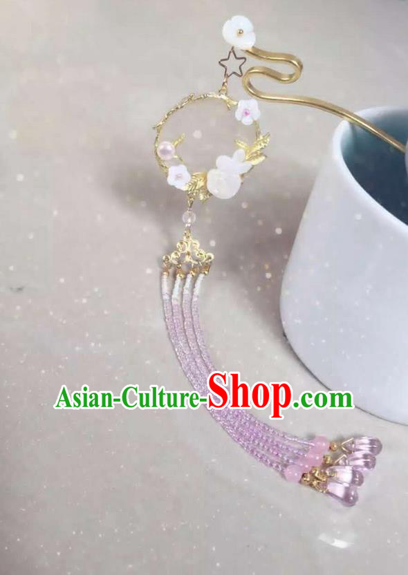 Asian Chinese Traditional Headdress Pink Beads Tassel Hair Accessories Hairpins, China Ancient Handmade Bride Hanfu Step Shake Flowers Headwear for Women