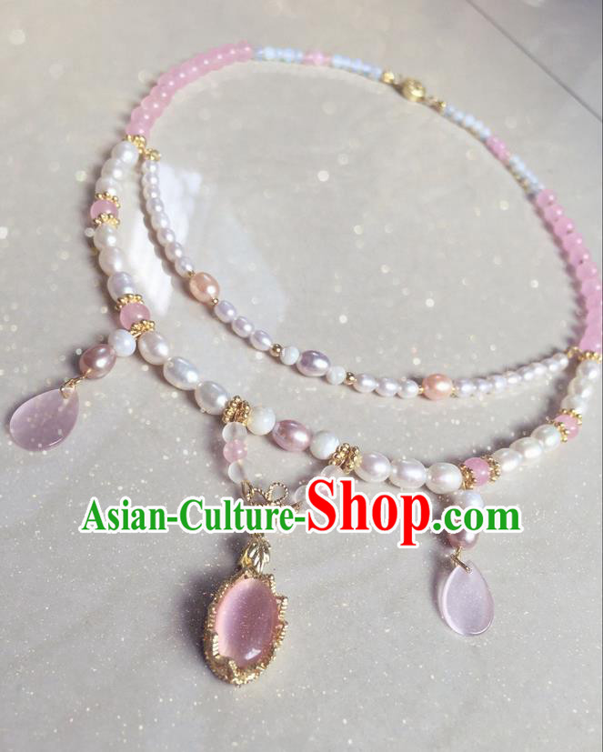 Asian Chinese Traditional Headdress Pearls Tassel Necklace, China Ancient Handmade Bride Hanfu Pink Crystal Collar Necklet for Women