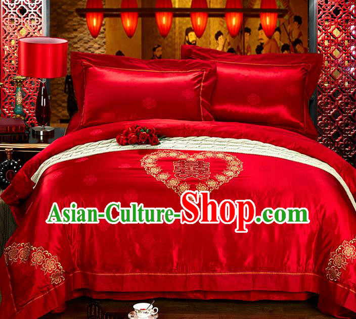 Traditional Asian Chinese Style Wedding Article Palace Lace Qulit Cover Bedding Sheet Complete Set, Embroidered Ombre Flowers Satin Drill Four-piece Duvet Cover Textile Bedding Suit