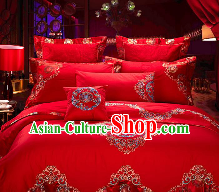 Traditional Asian Chinese Style Wedding Article Palace Lace Qulit Cover Bedding Sheet Complete Set, Embroidered Good Fortune Satin Drill Ten-piece Duvet Cover Textile Bedding Suit
