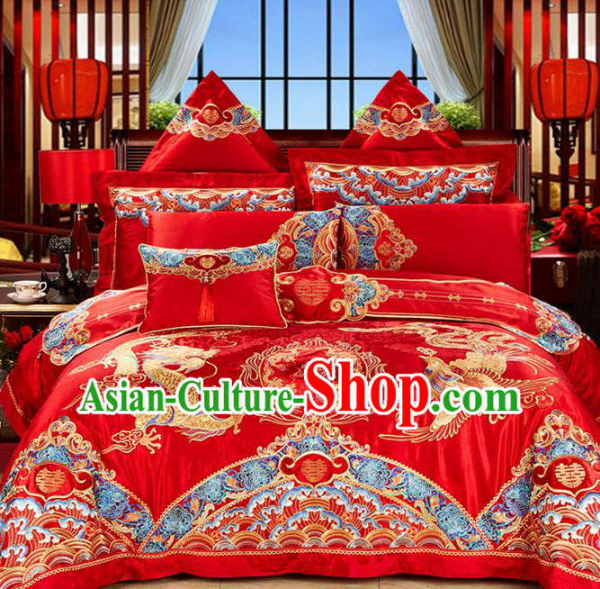Traditional Asian Chinese Style Wedding Article Palace Lace Qulit Cover Bedding Sheet Complete Set, Embroidered Dragon and Phoenix Satin Drill Eleven-piece Duvet Cover Textile Bedding Suit