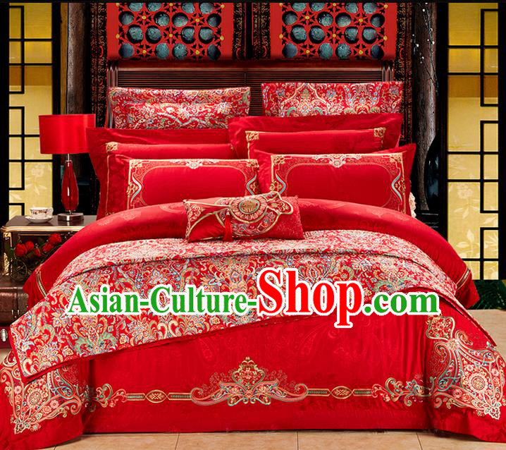 Traditional Asian Chinese Wedding Palace Qulit Cover Bedding Sheet Complete Set, Embroidered Flowers Satin Drill Ten-piece Duvet Cover Textile Bedding Suit