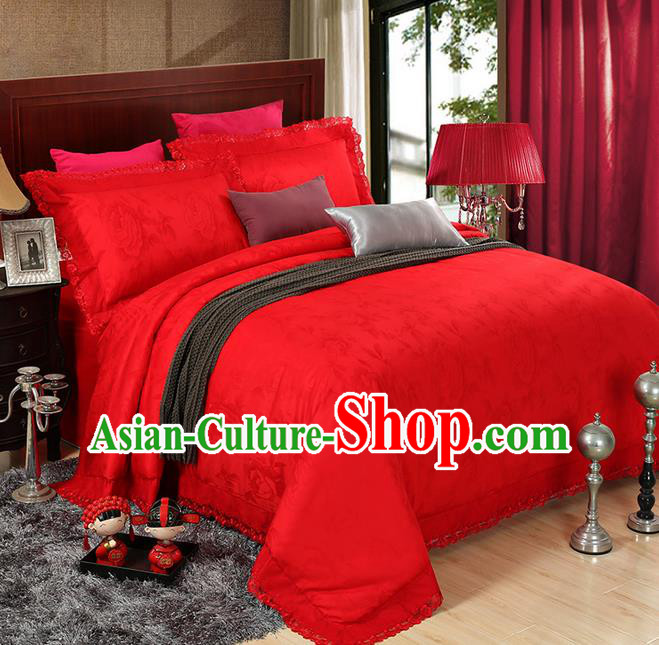 Traditional Asian Chinese Wedding Palace Qulit Cover Bedding Sheet Complete Set, Embroidered Lace Satin Drill Duvet Cover Textile Bedding Suit