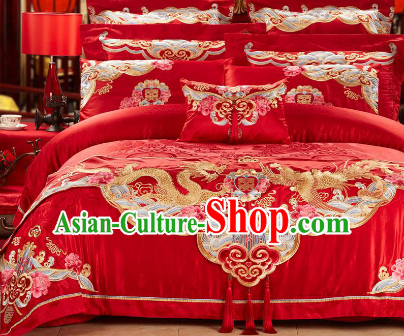 Traditional Asian Chinese Wedding Palace Qulit Cover Bedding Sheet Eleven-piece Suit, Embroidered Peony Dragon and Phoenix Satin Drill Duvet Cover Textile Bedding Complete Set
