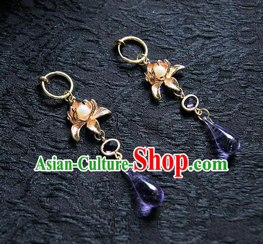 Top Grade Handmade Traditional China Accessories Earrings, Ancient Chinese Hanfu Purple Crystal Eardrop for Women