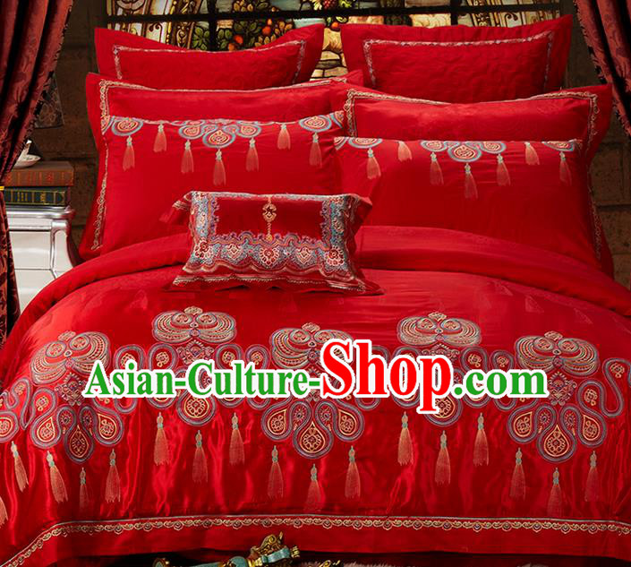 Traditional Asian Chinese Wedding Palace Qulit Cover Bedding Sheet Ten-piece Suit, Embroidered Satin Drill Duvet Cover Textile Bedding Complete Set