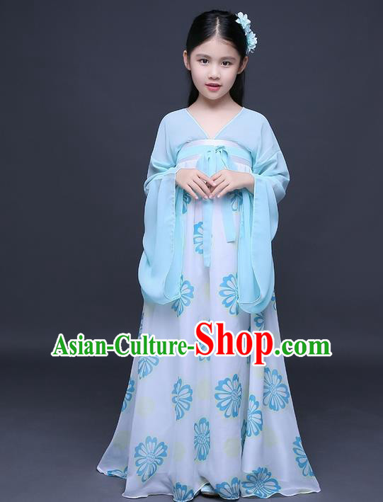 Traditional Ancient Chinese Imperial Princess Fairy Printing Phoenix Costume, Children Elegant Hanfu Clothing Chinese Tang Dynasty Blue Ruqun Dress Clothing for Kids