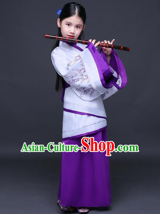 Traditional Ancient Chinese Imperial Princess Fairy Printing Costume, Children Elegant Hanfu Clothing Han Dynasty Purple Curve Bottom Dress Clothing for Kids