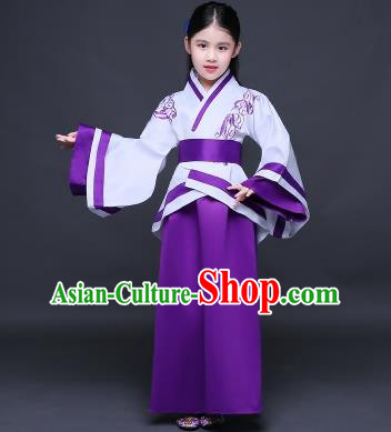 Traditional Ancient Chinese Imperial Princess Fairy Embroidery Costume, Children Elegant Hanfu Clothing Han Dynasty Purple Curve Bottom Dress Clothing for Kids