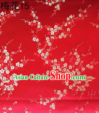 Asian Chinese Traditional Embroidery White Plum Blossom Red Silk Fabric, Top Grade Brocade Embroidered Tang Suit Hanfu Dress Fabric Cheongsam Material