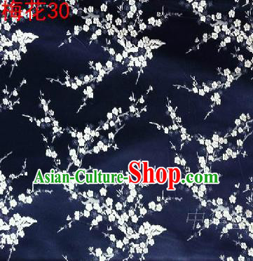 Asian Chinese Traditional Embroidery White Plum Blossom Navy Silk Fabric, Top Grade Brocade Embroidered Tang Suit Hanfu Dress Fabric Cheongsam Material