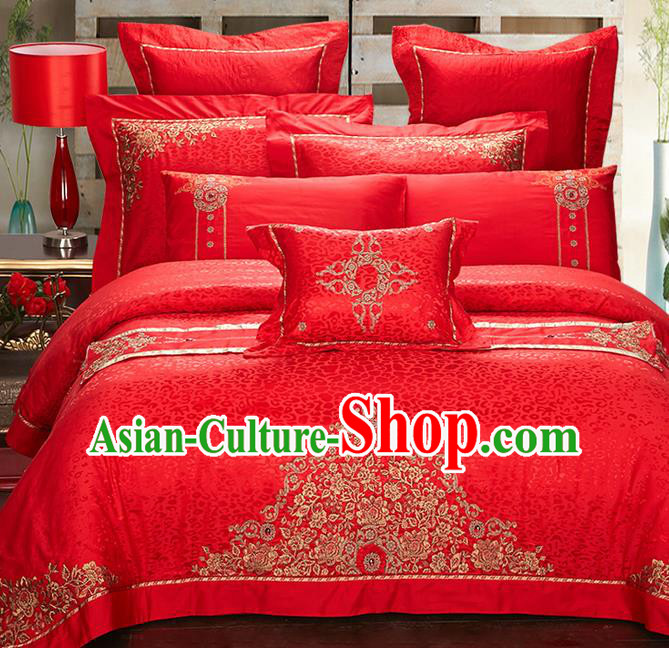 Traditional Asian Chinese Style Wedding Article Embroidery Jacquard Weave Bedding Sheet Complete Set, Red Eleven-piece Duvet Cover Satin Drill Textile Bedding Suit