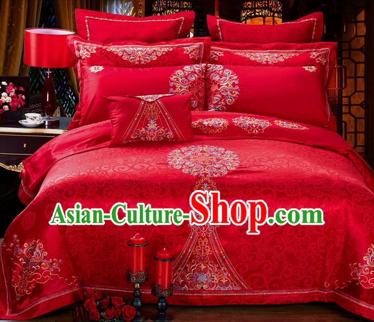 Traditional Asian Chinese Style Wedding Article Embroidery Jacquard Weave Satin Drill Bedding Sheet Complete Set, Duvet Cover Red Textile Bedding Suit