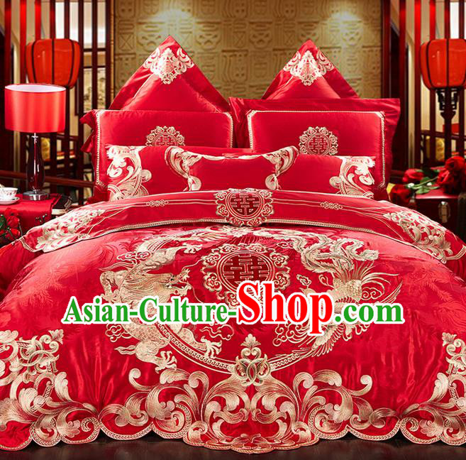 Traditional Asian Chinese Style Wedding Article Bedding Dragon and Phoenix Sheet Complete Set, Embroidery Peony Red Eleven-piece Duvet Cover Satin Drill Textile Bedding Suit