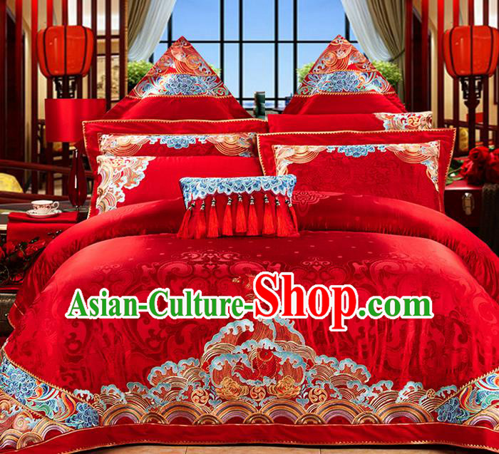 Traditional Asian Chinese Style Wedding Article Bedding Red Sheet Complete Set, Embroidery Dragon and Phoenix Eleven-piece Duvet Cover Satin Drill Textile Bedding Suit