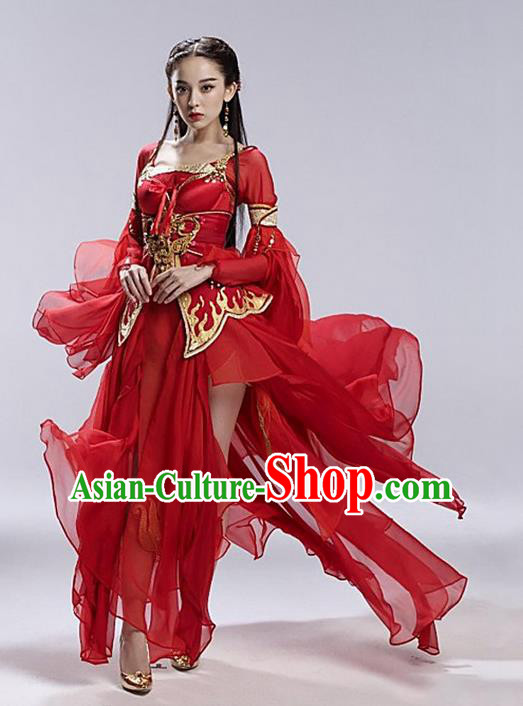 Traditional Asian Chinese Ancient Apsara Peri Costume, China Elegant Hanfu Clothing Tang Dynasty Palace Princess Fairy Red Flying Dance Dress Clothing for Women