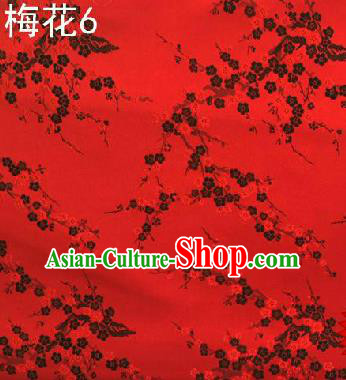 Asian Chinese Traditional Embroidery Black Plum Blossom Red Silk Fabric, Top Grade Brocade Embroidered Tang Suit Hanfu Dress Fabric Cheongsam Cloth Material