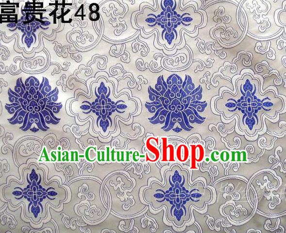 Asian Chinese Traditional Blue Riches and Honour Flowers White Embroidered Silk Fabric, Top Grade Arhat Bed Brocade Satin Tang Suit Hanfu Dress Fabric Cheongsam Cloth Material