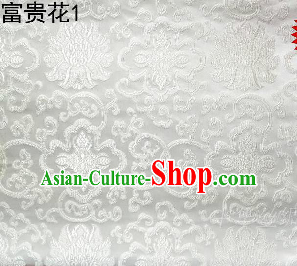 Asian Chinese Traditional Riches and Honour Flowers White Embroidered Silk Fabric, Top Grade Arhat Bed Brocade Satin Tang Suit Hanfu Dress Fabric Cheongsam Cloth Material