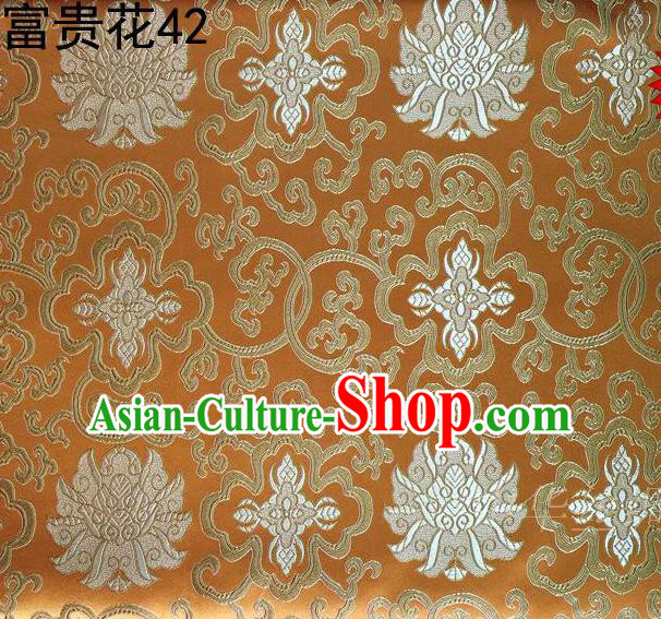Asian Chinese Traditional White Riches and Honour Flowers Embroidered Golden Silk Fabric, Top Grade Arhat Bed Brocade Satin Tang Suit Hanfu Dress Fabric Cheongsam Cloth Material