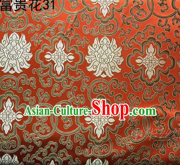 Asian Chinese Traditional Golden Riches and Honour Flowers Embroidered Orange Silk Fabric, Top Grade Arhat Bed Brocade Satin Tang Suit Hanfu Dress Fabric Cheongsam Cloth Material