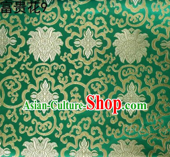 Asian Chinese Traditional Golden Riches and Honour Flowers Embroidered Green Silk Fabric, Top Grade Arhat Bed Brocade Satin Tang Suit Hanfu Dress Fabric Cheongsam Cloth Material