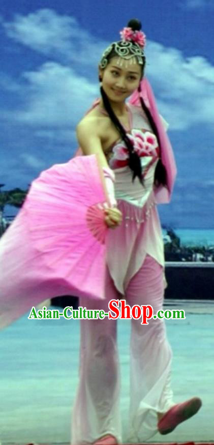 Traditional Chinese Classical Dance Yangge Fan Dance Costume, Folk Dance Drum Dance Uniform Yangko Pink Clothing Complete Set for Women