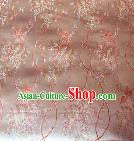 Asian Chinese Traditional Embroidery Maple Leaf Pink Satin Silk Fabric, Top Grade Brocade Tang Suit Hanfu Princess Dress Fabric Cheongsam Mattress Cloth Material