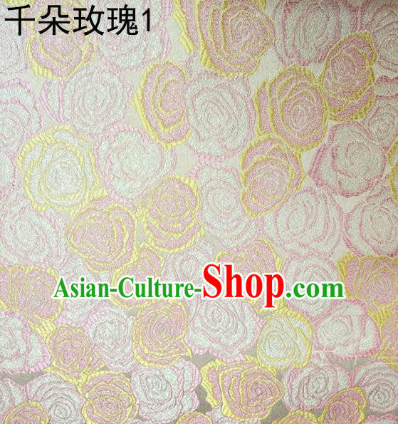 Asian Chinese Traditional Jacquard Weave Rose Flowers Pink Satin Mulberry Silk Fabric, Top Grade Brocade Tang Suit Hanfu Princess Dress Fabric Cheongsam Cloth Material
