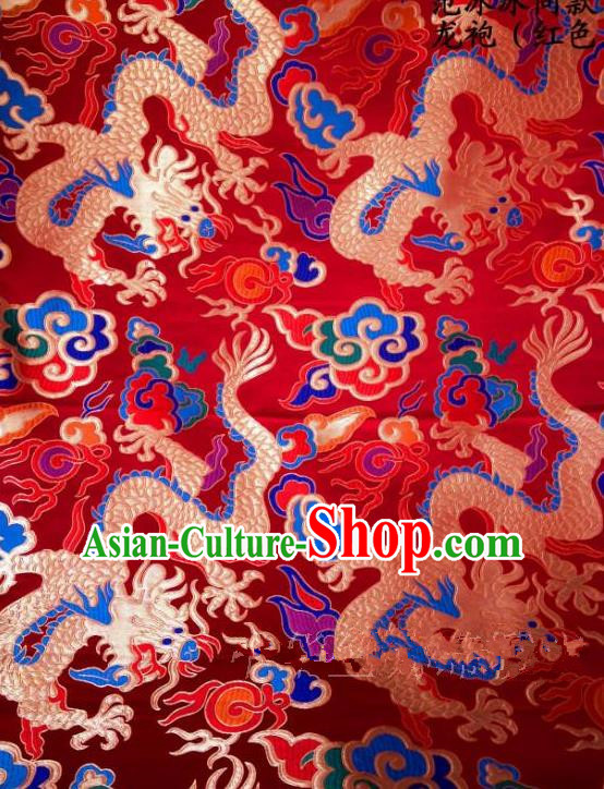 Asian Chinese Traditional Embroidered Dragon Red Satin Silk Fabric, Top Grade Brocade Tang Suit Hanfu Dragon Robes Dress Fabric Cheongsam Cloth Material