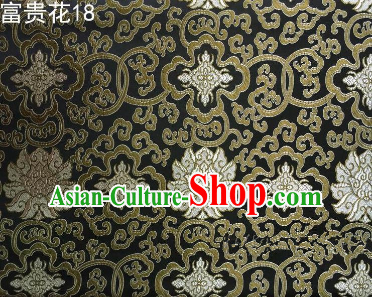 Asian Chinese Traditional Golden Riches and Honour Flowers Embroidered Black Silk Fabric, Top Grade Arhat Bed Brocade Satin Tang Suit Hanfu Dress Fabric Cheongsam Cloth Material