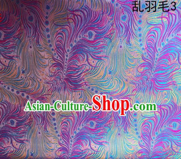 Asian Chinese Traditional Printing Feather Purple Silk Fabric, Top Grade Arhat Bed Brocade Tang Suit Hanfu Dress Fabric Cheongsam Cloth Material