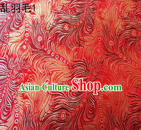 Asian Chinese Traditional Printing Feather Red Silk Fabric, Top Grade Arhat Bed Brocade Tang Suit Hanfu Dress Fabric Cheongsam Cloth Material