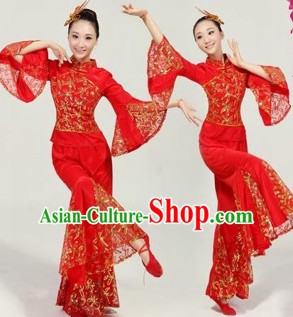 Traditional Chinese Classical Dance Yangge Fan Dance Costume, Folk Dance Drum Dance Red Uniform Yangko Costume Complete Set for Women