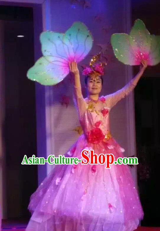 Chinese Classic Stage Performance Dance Costumes, Opening Dance Folk Dance Chorus Classic Dance Pink Bubble Dress for Women