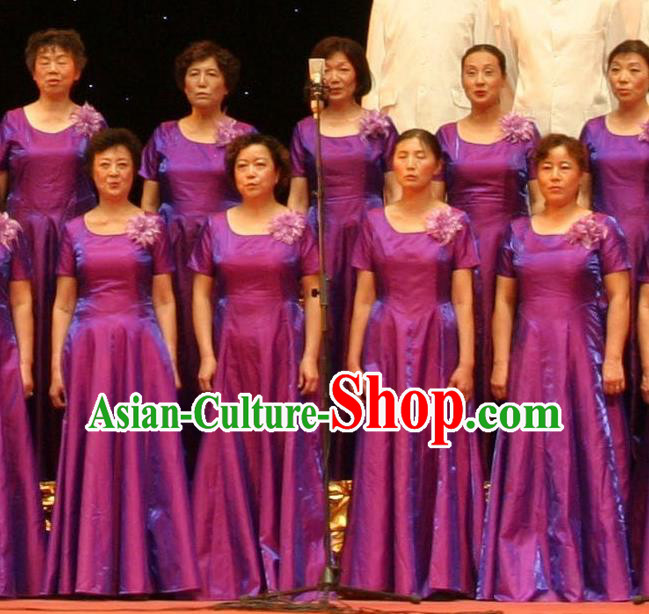 Chinese Classic Stage Performance Dance Costumes, Opening Dance Chorus Classic Purple Dress for Women