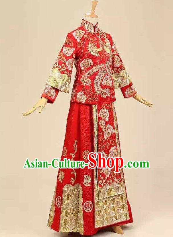 Asian Chinese Traditional Jacquard Weave Embroidered Phoenix Peony Flowers Xiuhe Suit Satin Silk Fabric, Top Grade Brocade Tang Suit Hanfu Wedding Dress Fabric Cheongsam Cloth Material