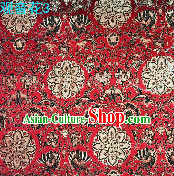 Asian Chinese Traditional Embroidering Avalokitesvara Flowers Thangka Satin Red Silk Fabric, Top Grade Brocade Tang Suit Hanfu Full Dress Fabric Cheongsam Cloth Material